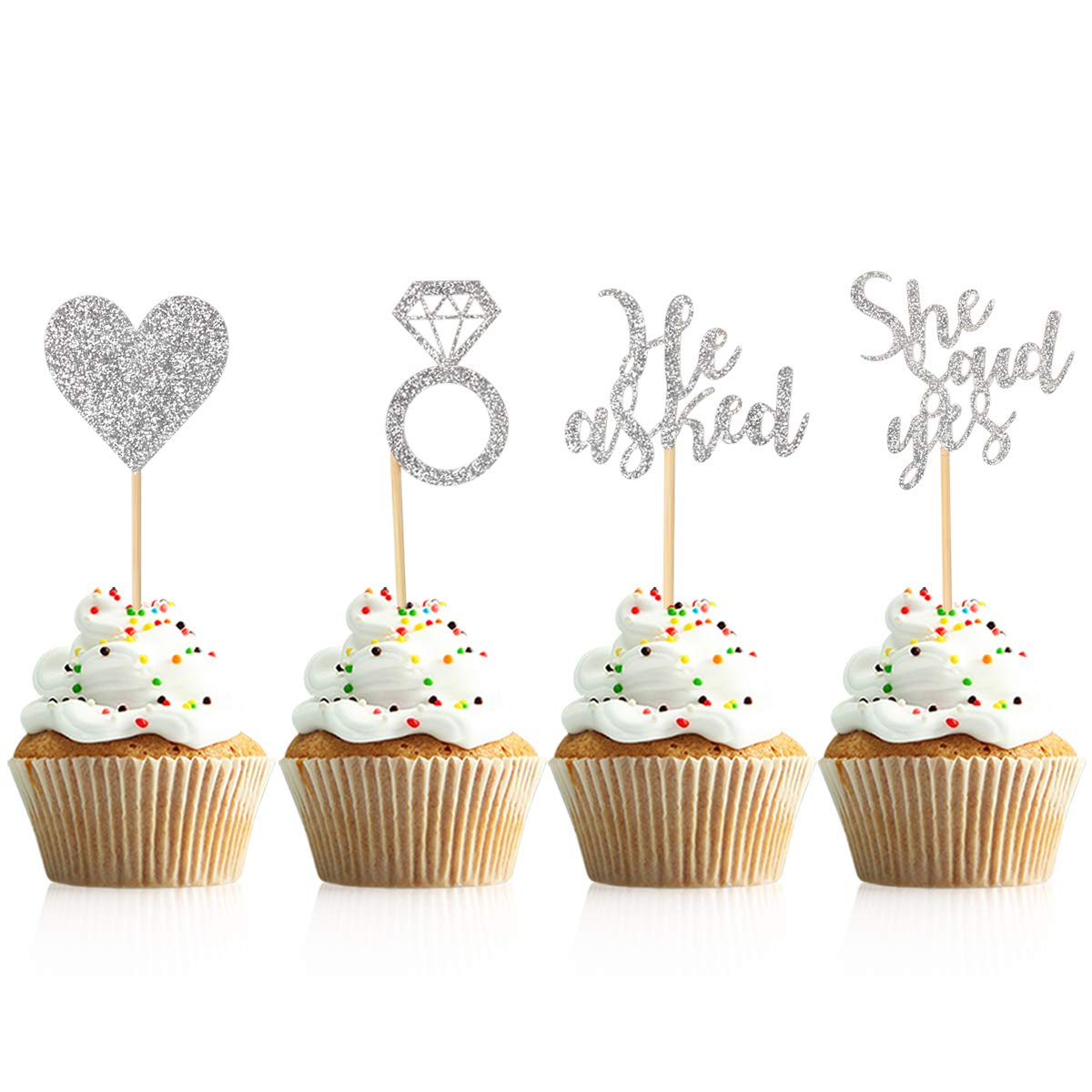 Donoter Cupcake Toppers, 48 Pcs Silver Diamond Ring Heart Cake Picks for Wedding Engagement Party Decorations