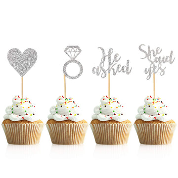 Donoter Cupcake Toppers, 48 Pcs Silver Diamond Ring Heart Cake Picks for Wedding Engagement Party Decorations