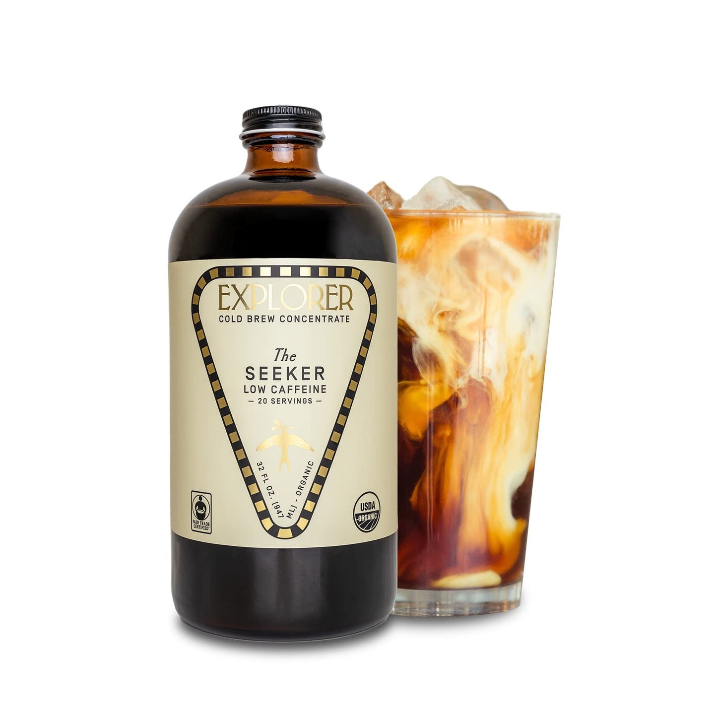 Explorer Cold Brew Coffee Concentrate - Organic Low Caffeine Instant Liquid Mix - 32 Fl Oz - Gluten Free, Iced or Hot