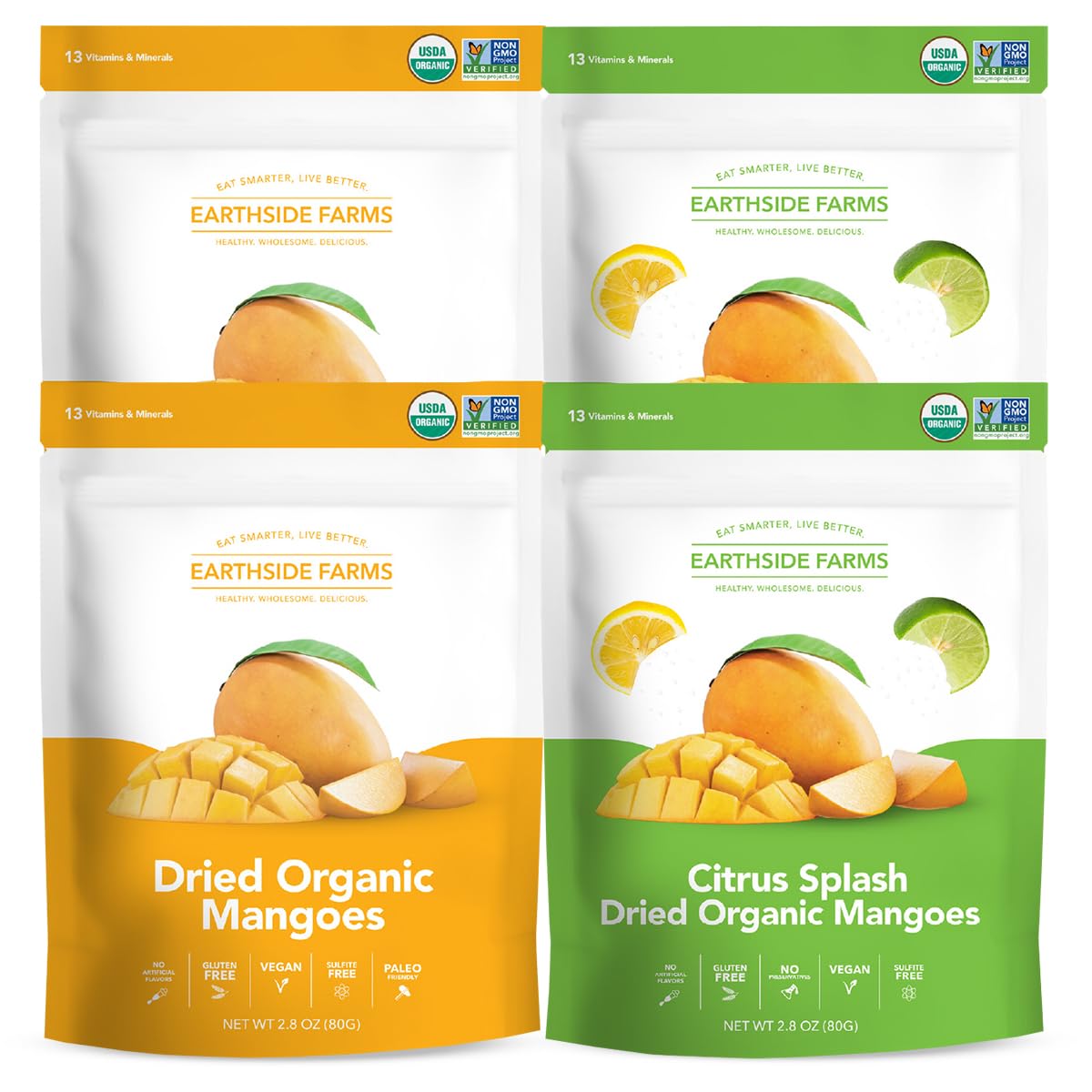 Earthside Farms Organic Dried Mango Variety Pack, Organic and Citrus Splash Dried Mangoes, Gluten Free, No Added Sugar, Naturall