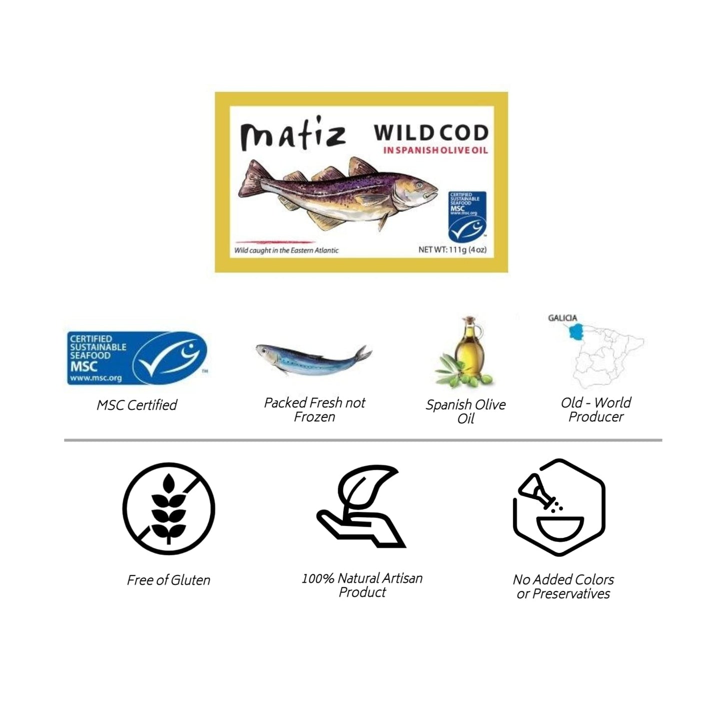Matiz Wild Cod in Olive Oil | From Spain | 5 Pack | Natural Artisan Wild Caught Fish | Packed Fresh, Never Frozen |