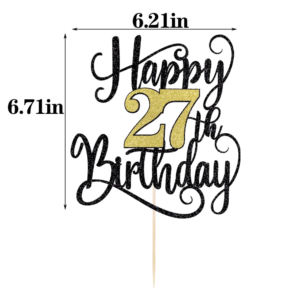 Happy 27Th Birthday Cake Topper, 27 Birthday Party Cake Decorations (Black And Gold Flashes, 27Th)