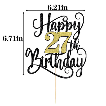 Happy 27Th Birthday Cake Topper, 27 Birthday Party Cake Decorations (Black And Gold Flashes, 27Th)