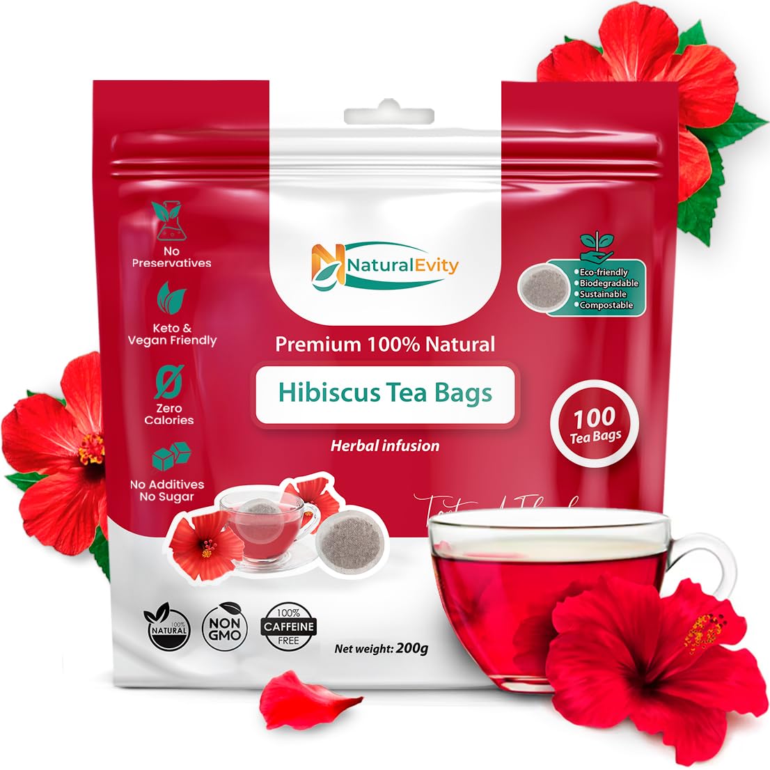 Hibiscus Tea Bags (100 Count) - Flor De Jamaica Herbal Tea  Energy Blend-Free Hibiscus Tea  Antioxidant-Rich  & Non-Gmo - Naturalevity - Ayurveda Inspired.