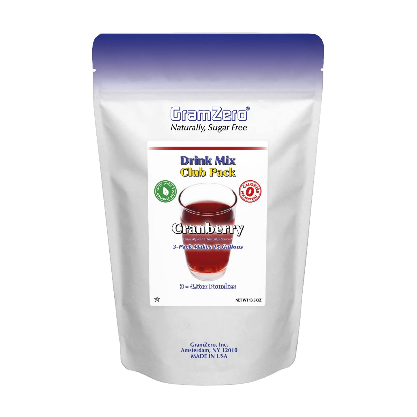 GramZero Cranberry Zero Calorie Sugar Free Drink Mix, Great For Nutrition Club Loaded Tea, Stevia Sweetened