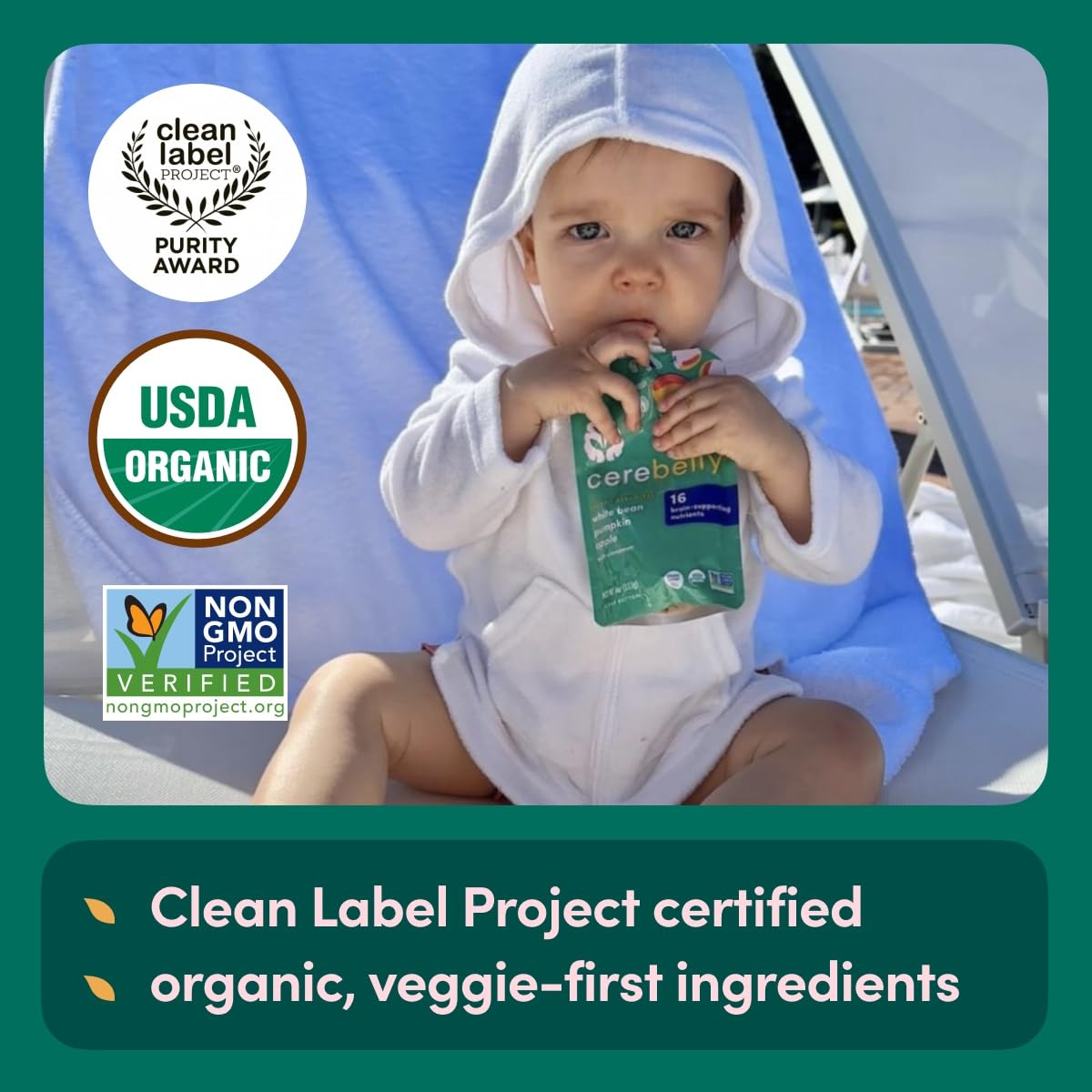 Cerebelly Organic Baby Food Pouches - 6+ Months | Clean Label Project Certified | 16 Nutrients, No Added Sugar, Non-Gmo | Toddle