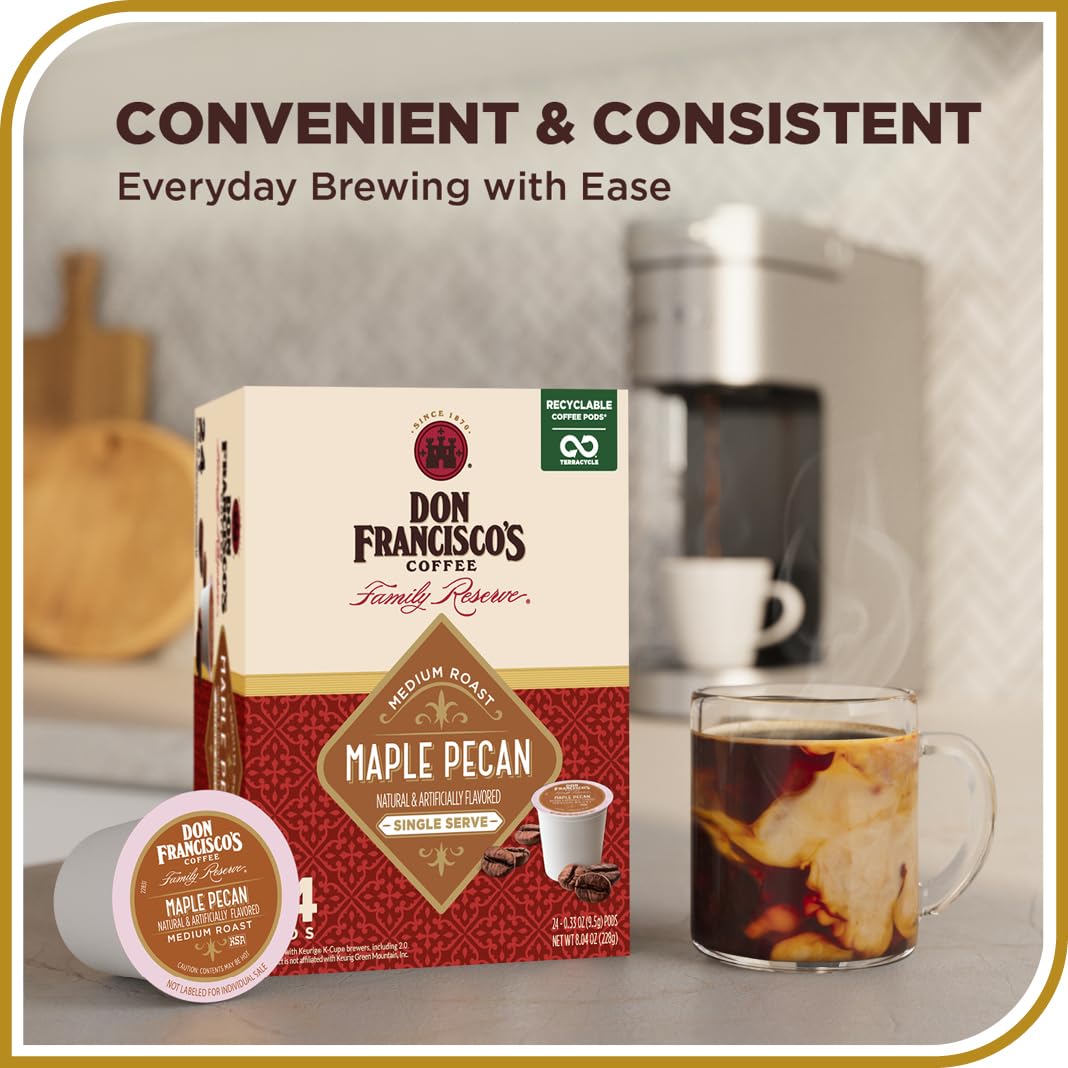 Don Franciscos Maple Pecan Flavored Coffee  100% Arabica  24 K-Cup Compatible Single-Serve Pods - 100% Arabica With Warmth of Maple and Toasted Pecans With Creamy Caramel Undertones
