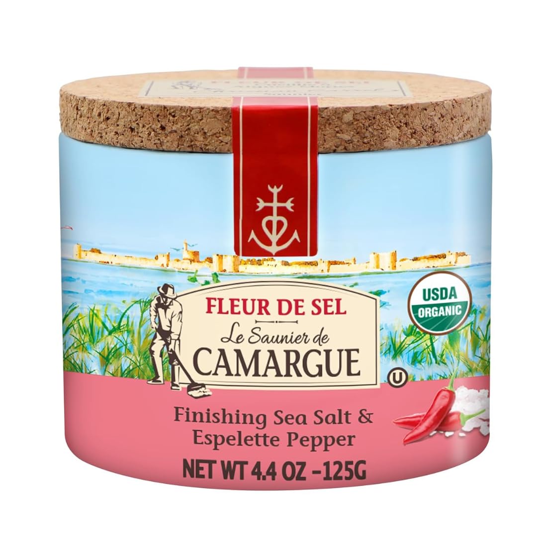 Le Saunier De Camargue Fleur De Sel With Espelette Chili - French Sea Salt Finishing Salt With Mild Chili Pepper - Gourmet Hand-Harvested Flaky Salt In Resealable Cork-Topped Container - 125G