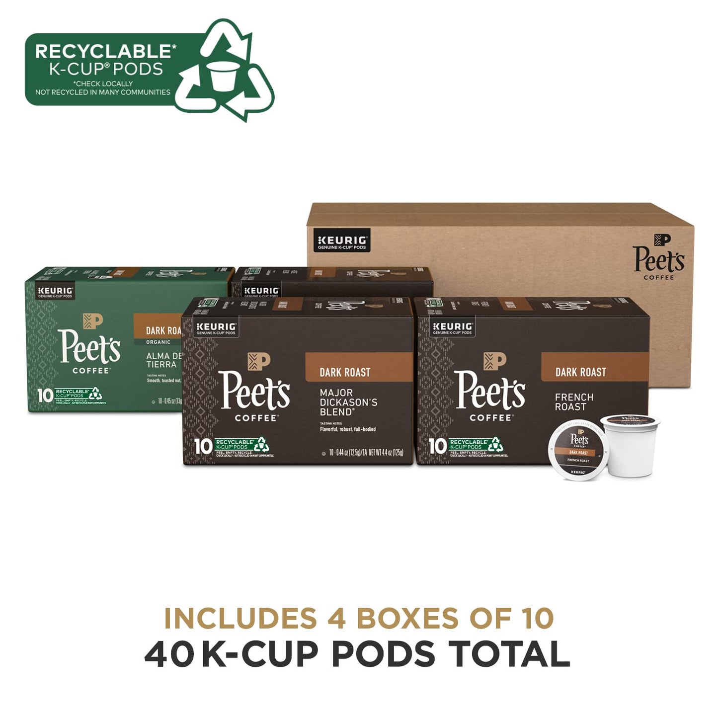 Peet'S Coffee, Dark Roast Keurig Coffee Pods Variety Pack - Major Dickason'S Blend, French Roast, Organic Alma De La Tierra, Hou