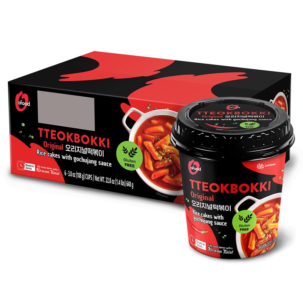 O'Food Original Cup Tteokbokki Pack of 6, Authentic Spicy Korean Street Food, Gluten-Free Korean Rice Cakes, Microwaveable & Ins