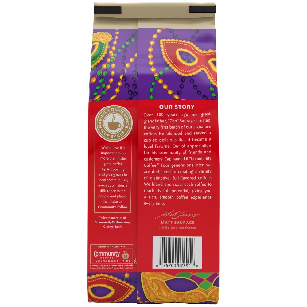 Community Coffee Mardi Gras King Cake Flavored Ground Coffee, Medium Roast, 32 Ounce Bag, Red