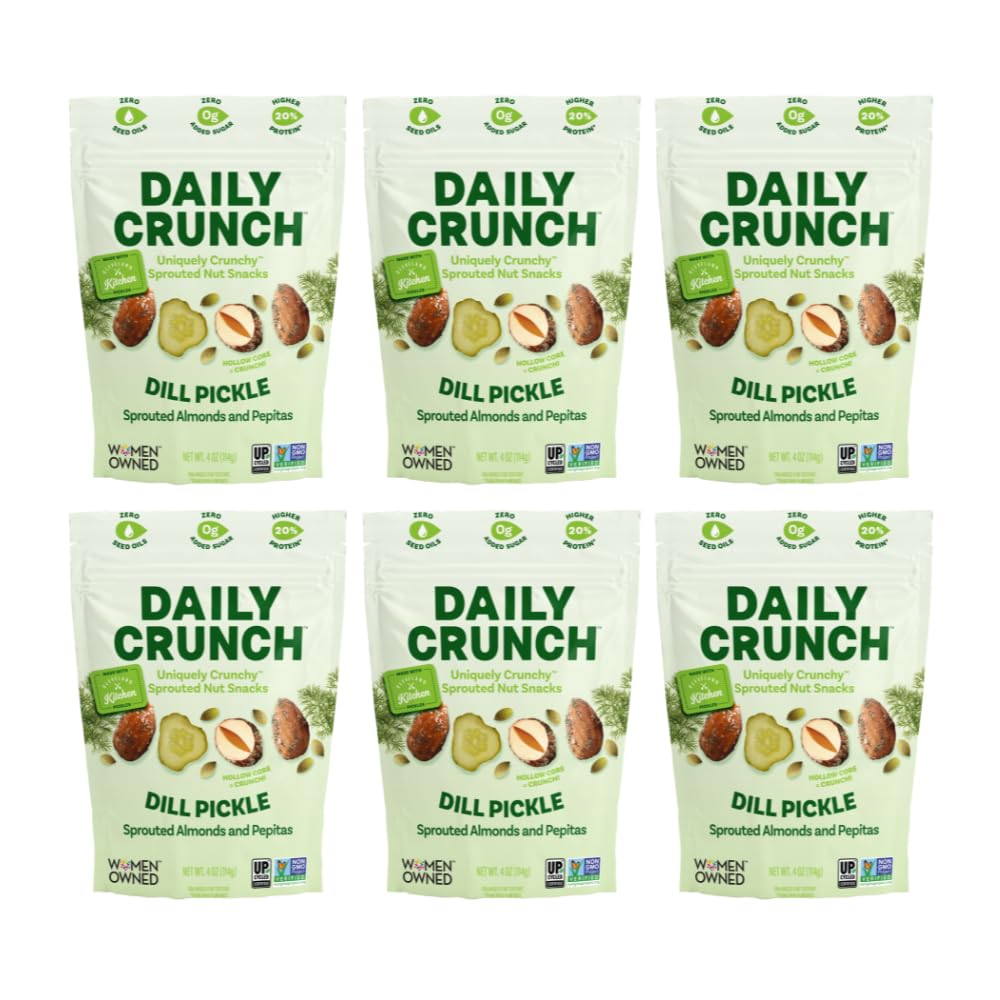 Daily Crunch Snacks, Dill Pickle, 4 Ounce Bags, Pack of 6 - Sprouted and Dehydrated for a Unique Crunch, Keto Friendly, Non-GMO,
