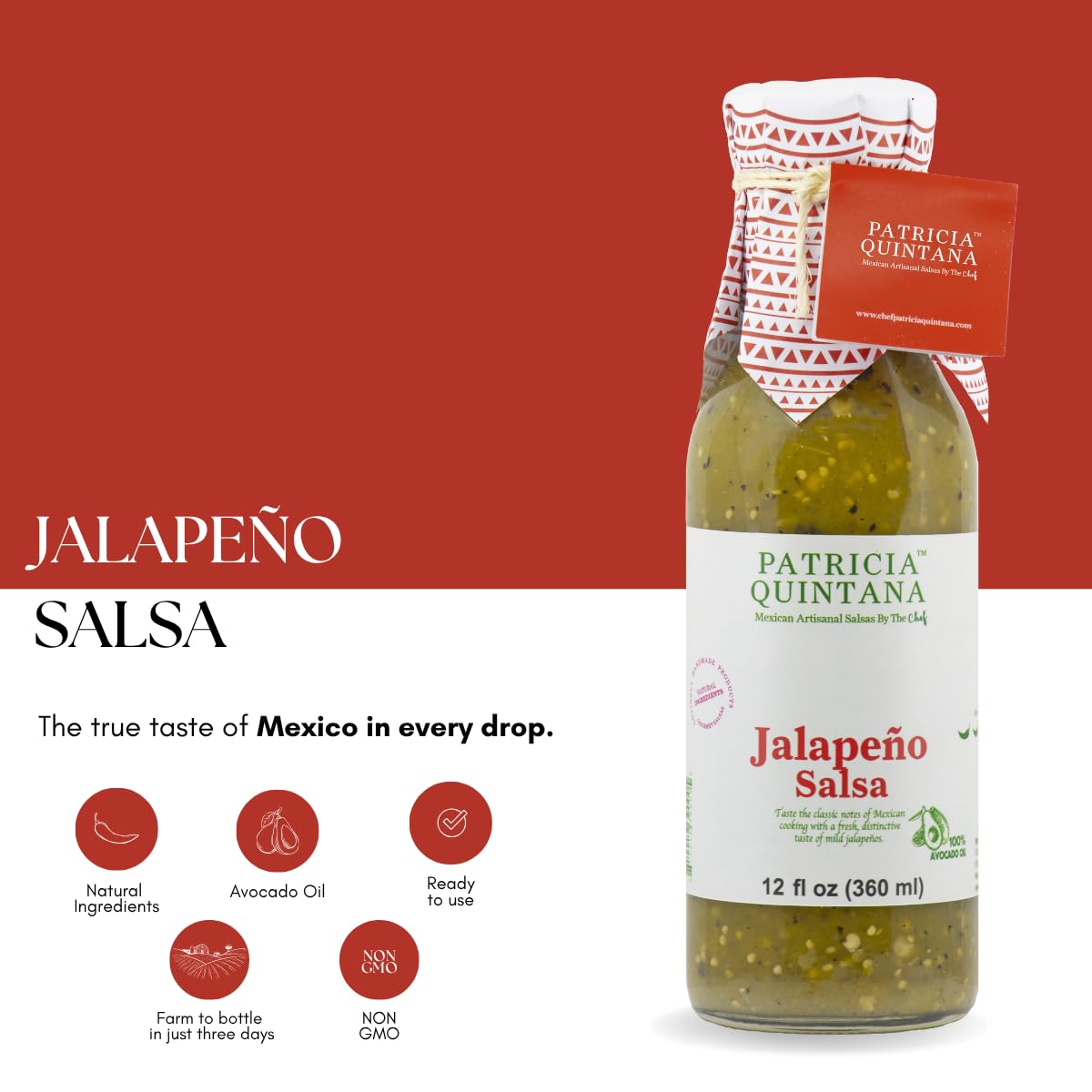 Patricia Quintana Jalapeño Salsa - Authentic Mexican Ingredients - 12 oz, 2 Bottles