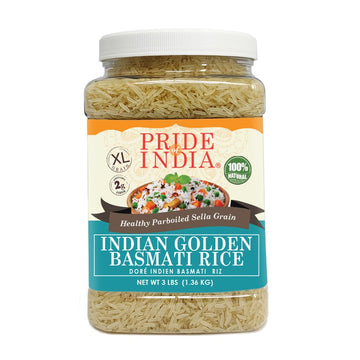 Pride Of India - Extra Long Indian Golden Basmati Rice - Healthy Parboiled Sella Grain, 3lbs Jar