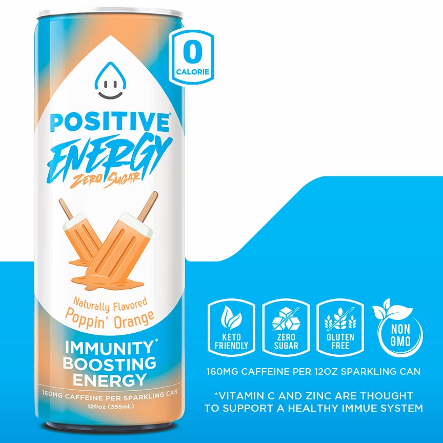 Positive Energy Beverage Poppin' Orange | 12-oz Can, Pack of 12 | Zero Sugar Energy Drink, Supports Immunity and Hydration