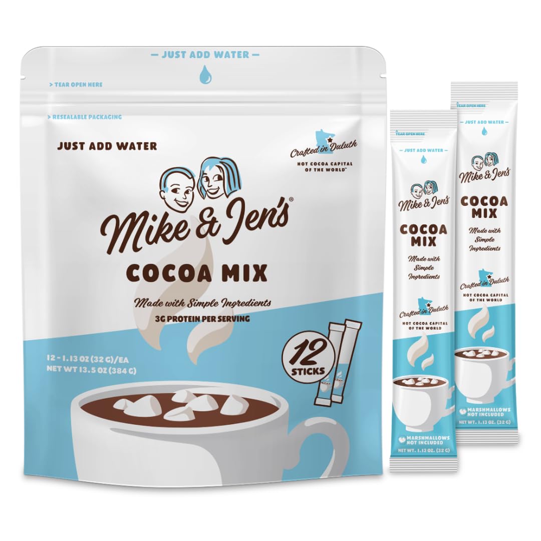 MIKE & JENS Hot Cocoa Mix, Chocolate Powder, 12 Individual Packets, 1.2 Ounce Each, White/Blue/Brown/Black