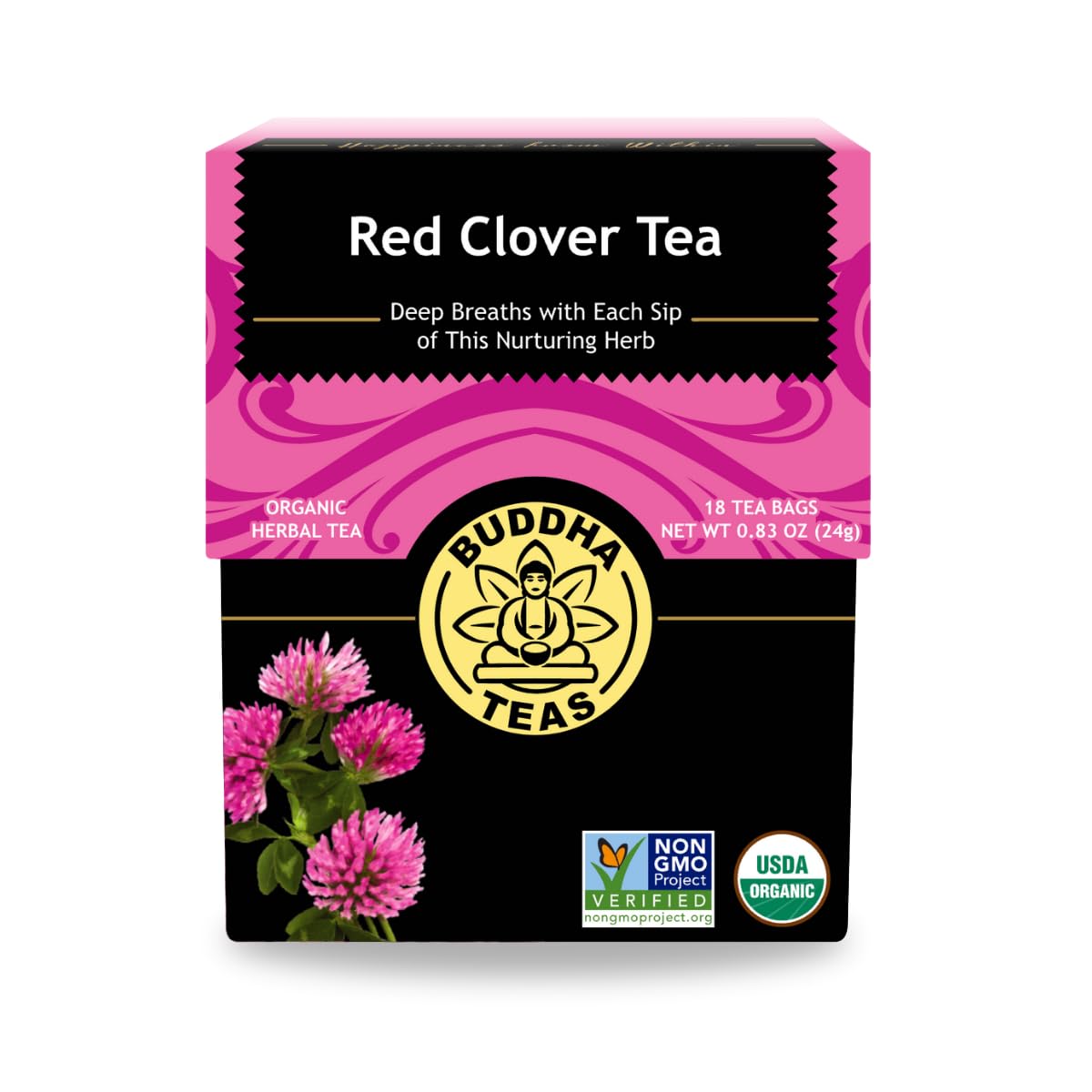 Buddha Teas Organic Red Clover Flower Tea - 18 Bleach-Free Bags - OU Kosher, USDA Organic