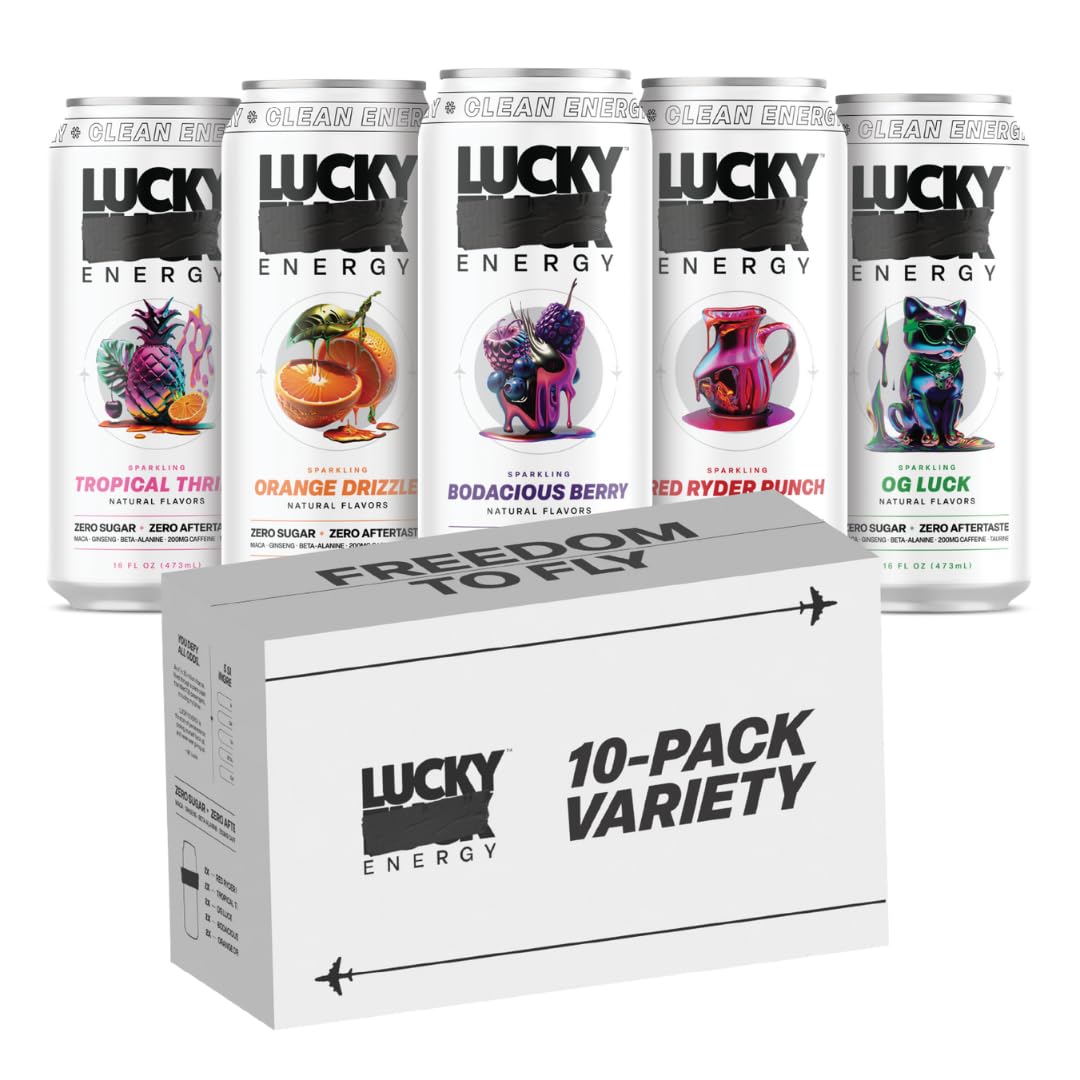 Lucky Energy Sugar Free Energy Drinks, Variety Pack, 10-Pack, 16oz Cans, with Maca, Ginseng, Taurine & 200mg Caffeine