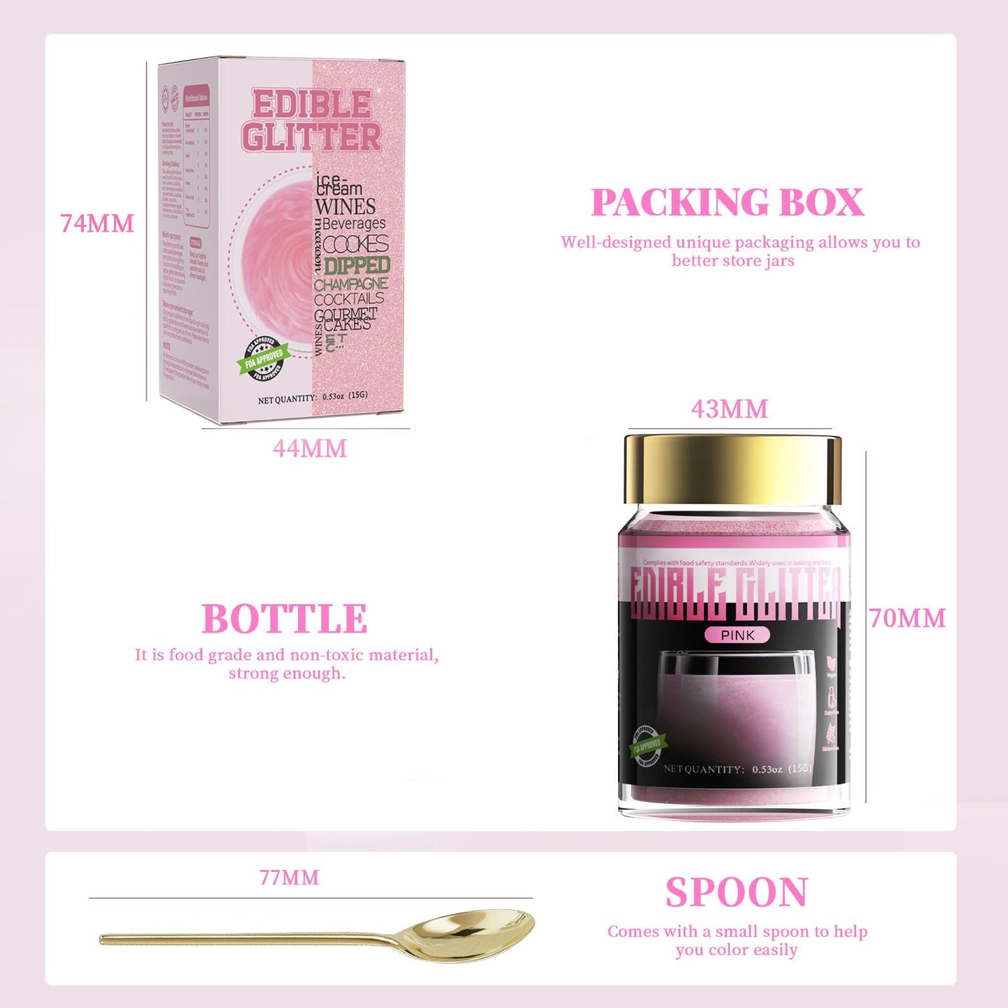 LOCDO Edible Glitter, Food Grade Luster Dust, Vegan, Allergen-Free, Large 15G, Pink