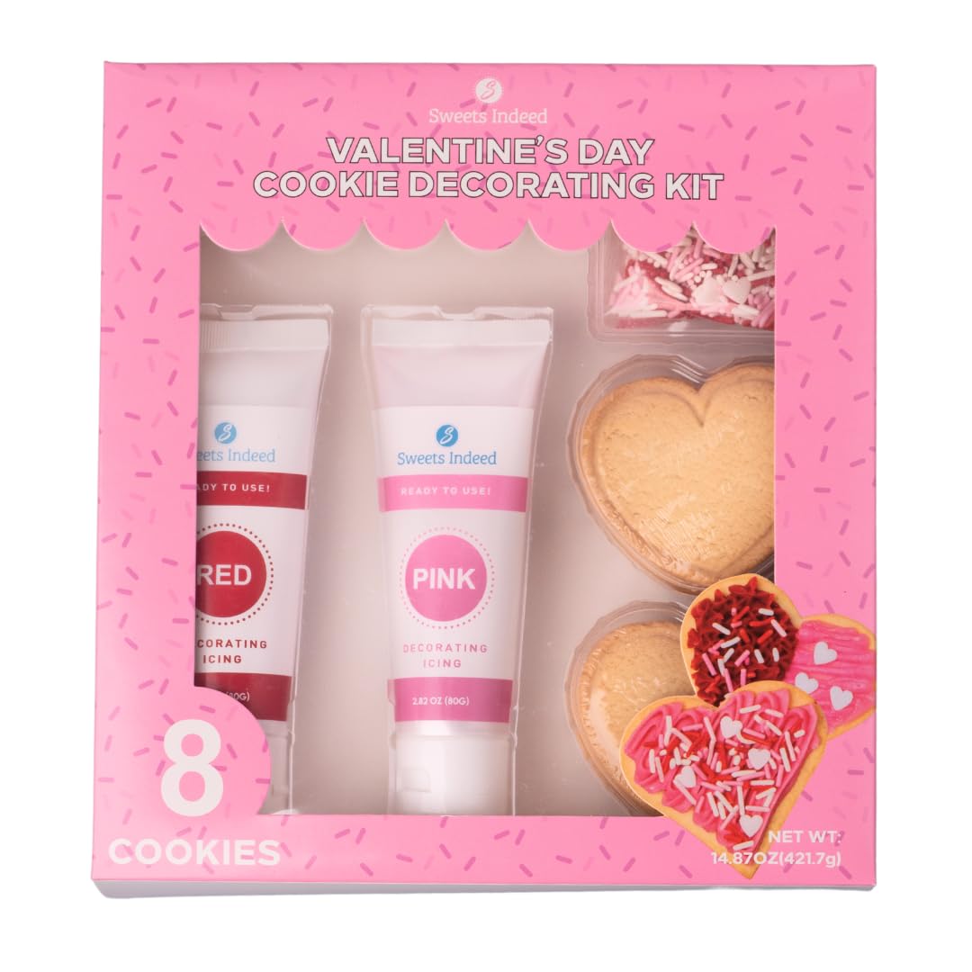 Sweets Indeed Cookie Decorating Kit 8 Baked Cookies Heart Sprinkes Frosting Tubes 14.87 Ounces