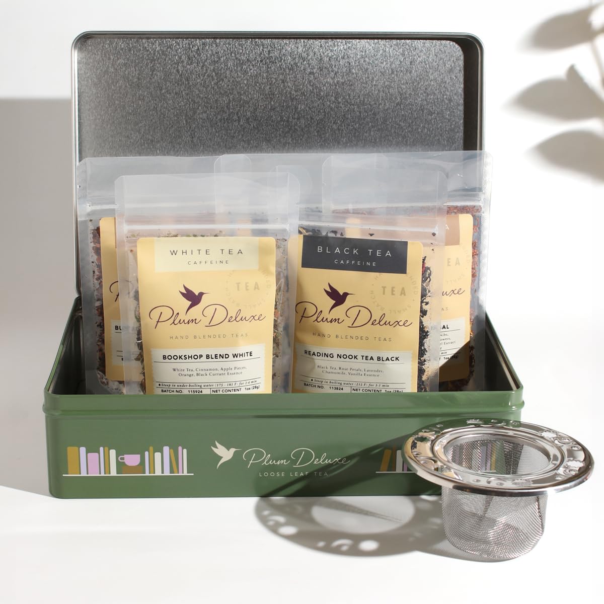 Plum Deluxe Literary Tea Collection Gift Set - Assorted Hand-Crafted Loose Leaf Teas with Steeper - 75+ Cups