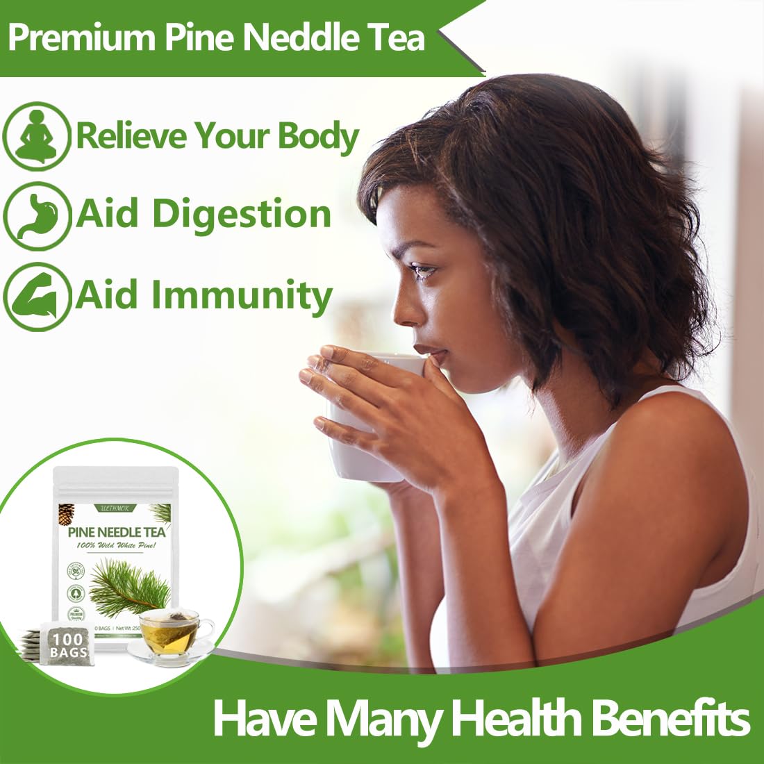 Enhanced 100 Pine Neddle Tea Bags,100% Picked From Natural Wild Pine Neddle, No Caffeine & No Additives.