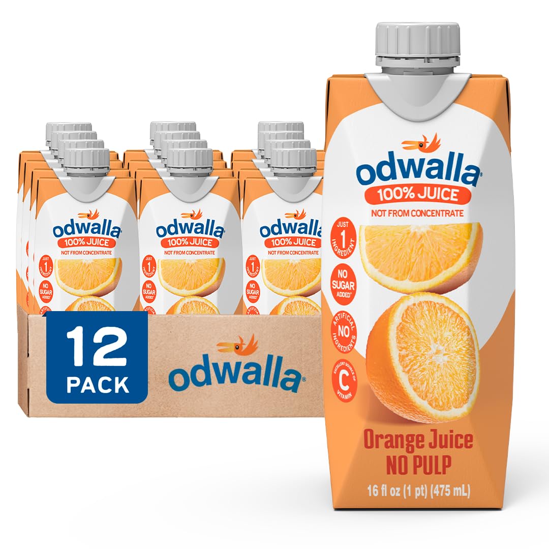 Odwalla Orange Juice  No Pulp - 100% Pure Orange Juice  Pulp Free - Vitamin C - No Added Sugar  No Artificial Ingredients  No Preservatives - 16 fl oz of OJ (12 Pack)