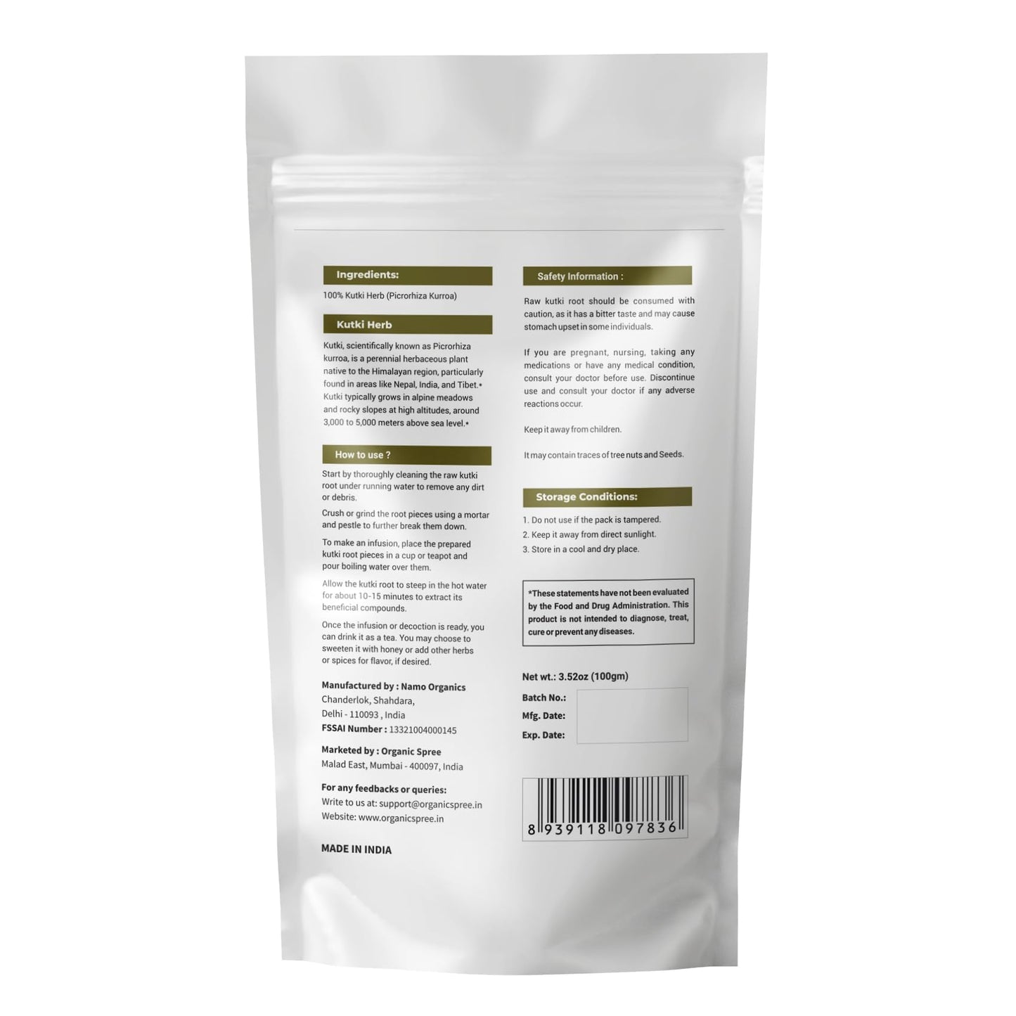 Kutki Herb 100Gm (3.52Oz) Picrorhiza Kurroa - Katuka Rohini - Pure And Natural 100Gm