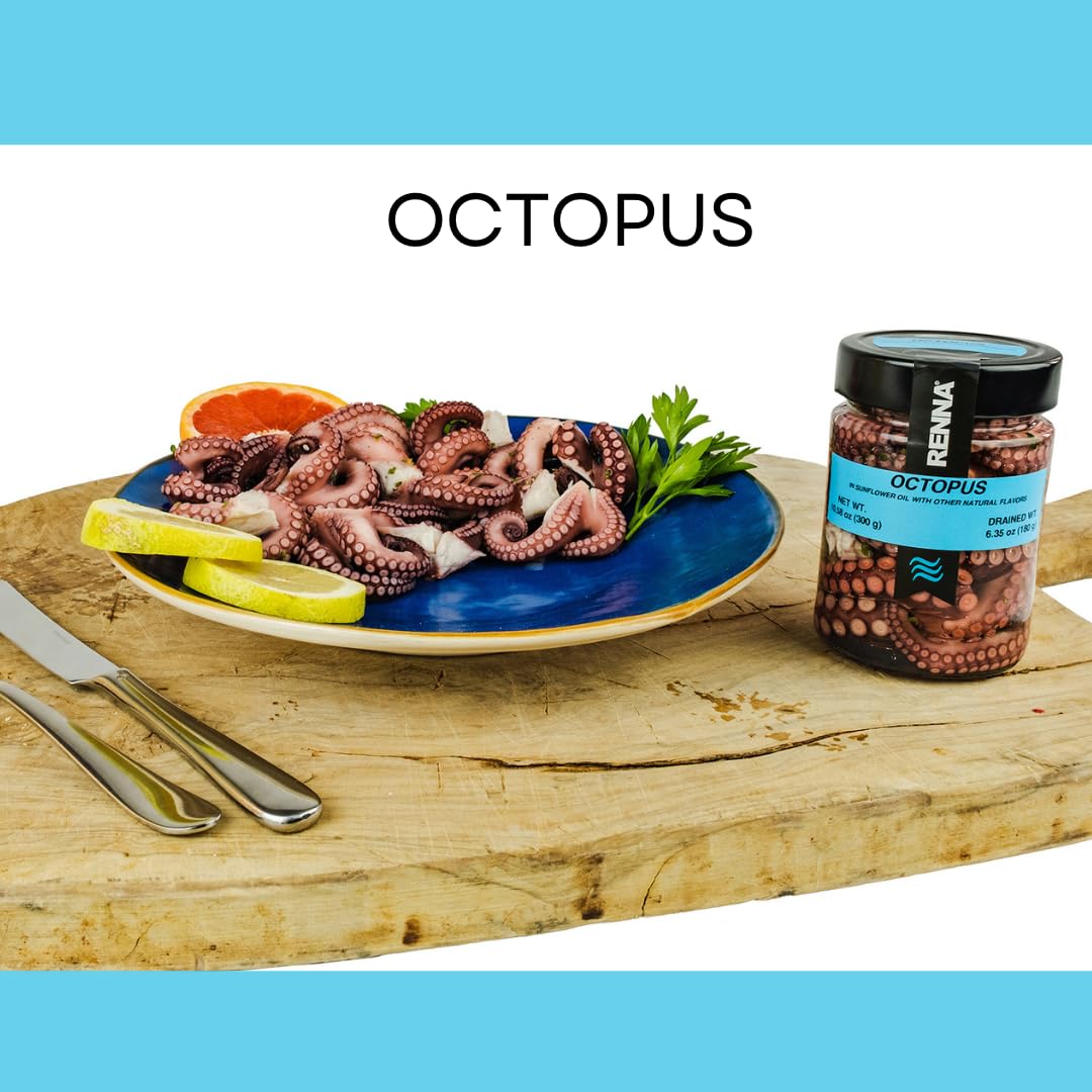 Renna Fresh Whole Wild Octopus Tentacles in Oil, Tender Mediterranean Seafood Salad, 10.58 oz, Ready-to-Eat Appetizer