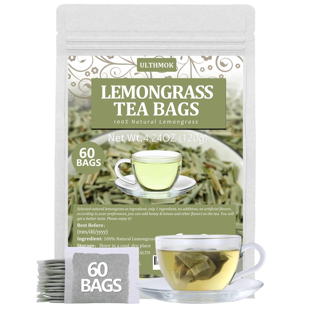 60 Top-Grade Lemongrass Tea Bags  Made With 100% Natural Lemon Grass  Perfect For Relaxation And Wellness  No Additives & Energy Blend Free.