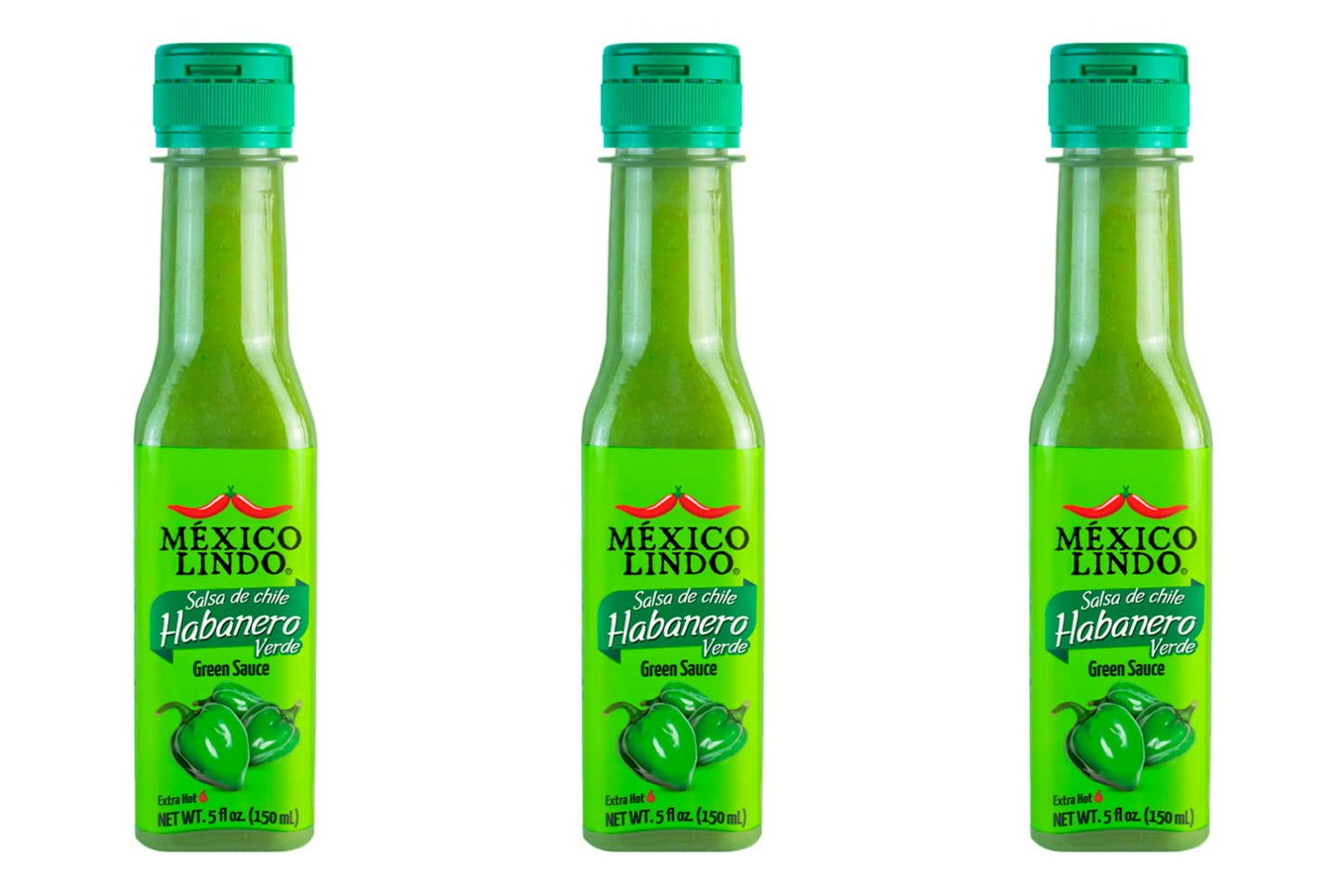 Mexico Lindo Green Habanero Hot Sauce | Real Green Habanero Chili Pepper | 75,900 Scoville Level | Enjoy With Mexican Food, Seafood & Pasta | 5 Fl Oz Bottle (Pack Of 3)