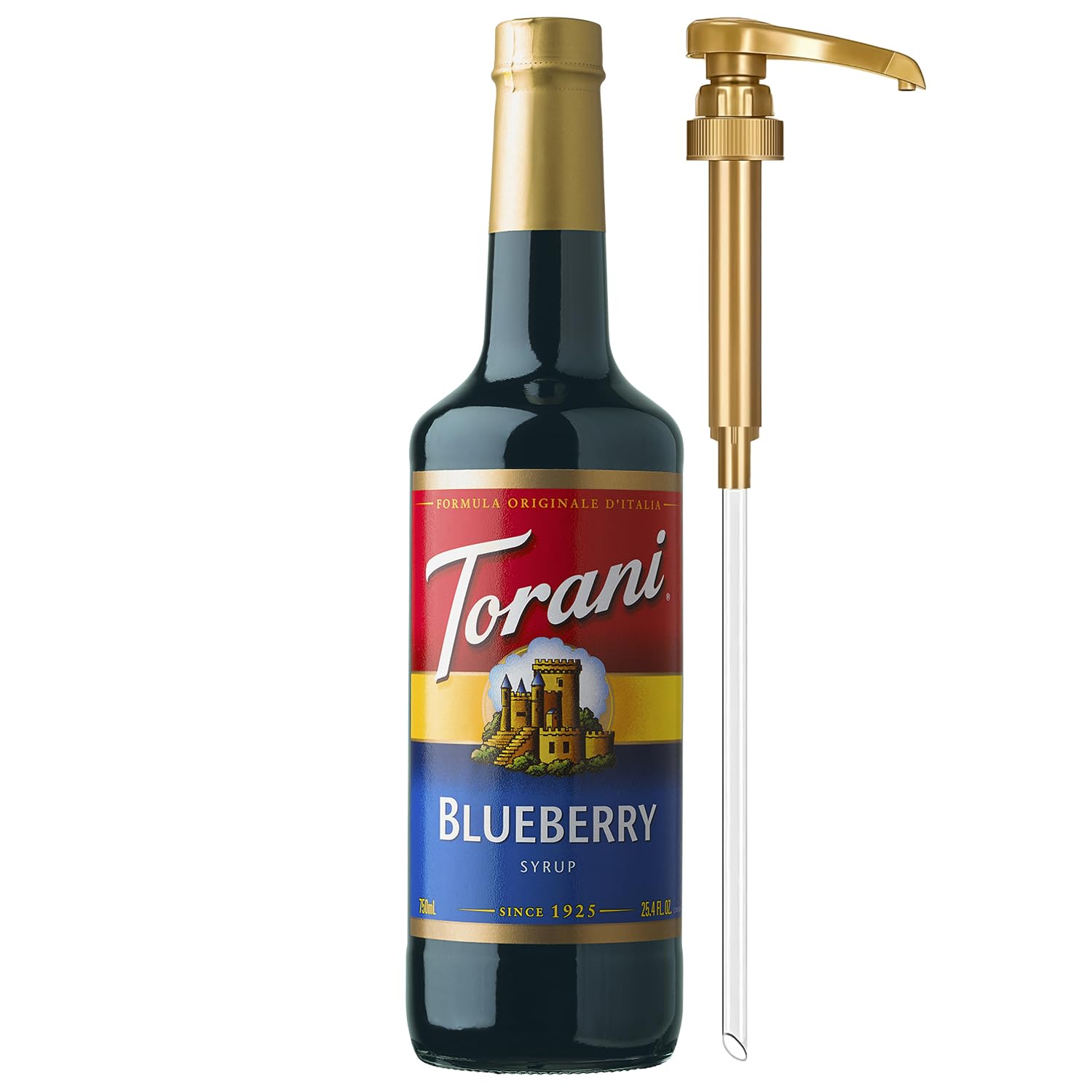 Torani Blueberry Syrup for Drinks  Flavoring for Iced Tea  Lemonade  Sodas  and Cocktails  Glass Bottle with Pump Included  25.4 Fl Oz