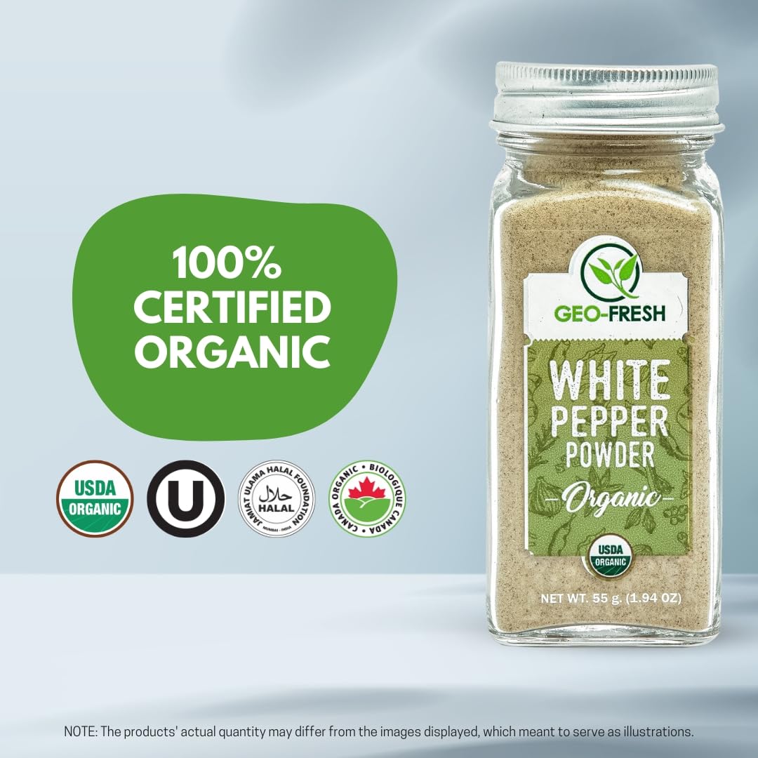 Geo-Fresh Organic White Pepper Powder, 1.94 Oz (55G) | White Peppercorn Powder | Spices & Seasoning | 100% Organic, Gluten Free,