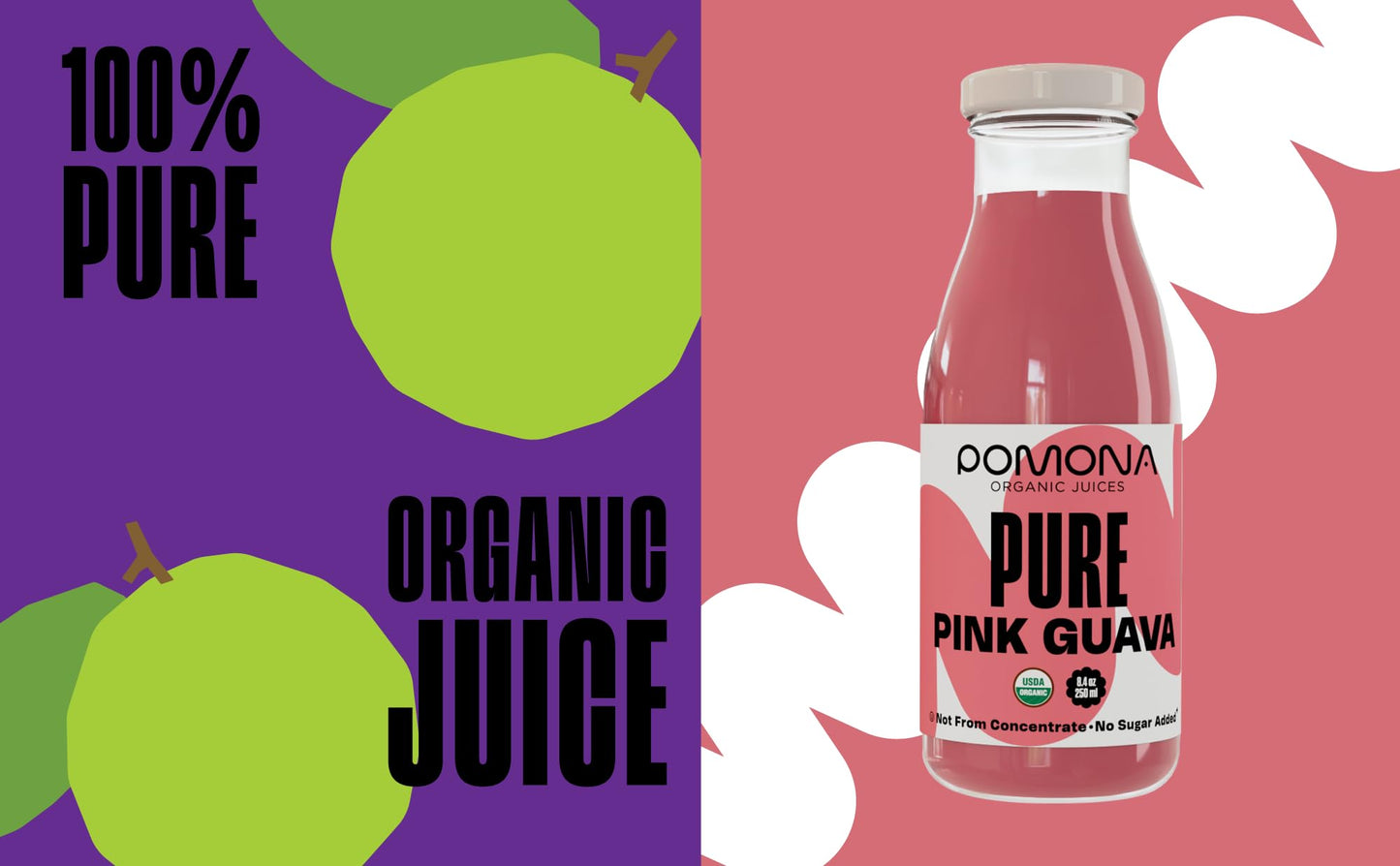 Pomona Organic Juices Pure Pink Guava Juice  8.4 Ounce Bottle (Pack of 12)  Cold Pressed Organic Juice  Non-GMO  No Sugar Added  Not from Concentrate  Gluten Free  Kosher Certified  Preservative Free