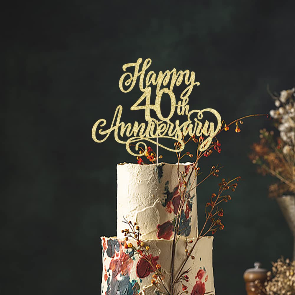 Arokippry Golden Glitter Happy 40Th Anniversary Cake Topper - Wedding Anniversary/Company Party / 40Th Birthday Party Decorations