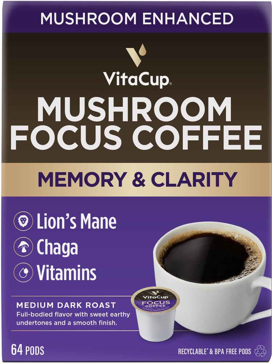 VitaCup Mushroom Coffee Pods, Focus & Immunity Boost, 64 Count, Compatible with Keurig K-Cup Brewers