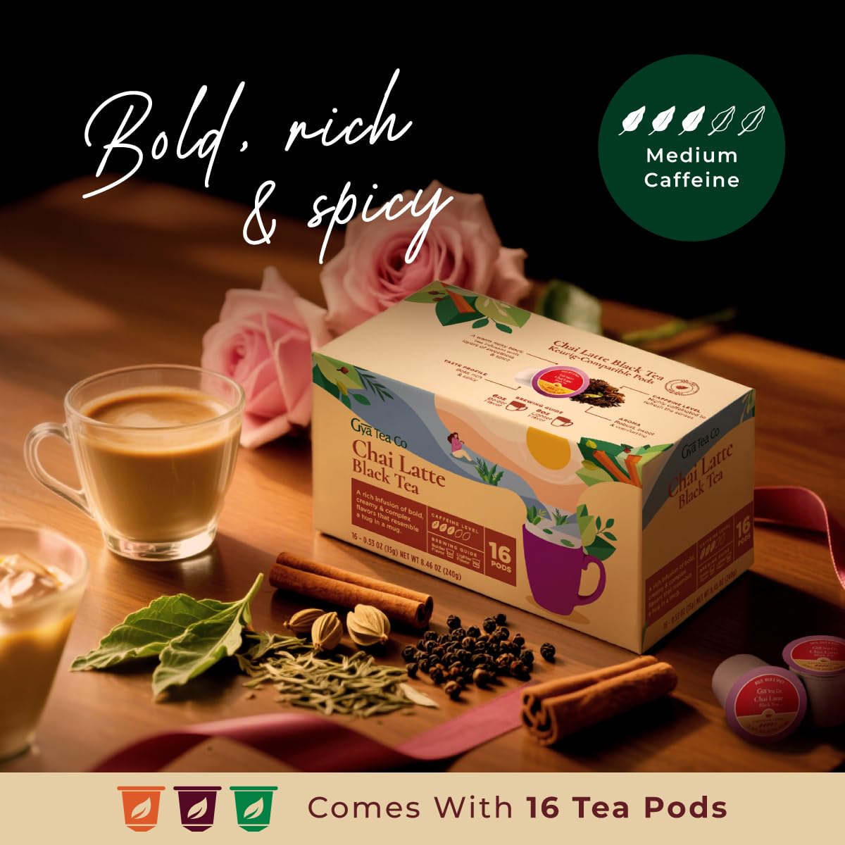 Gya Tea Co Chai Latte Black Tea Pods, 16 Count, Smooth & Flavourful, Enjoy Hot or Iced