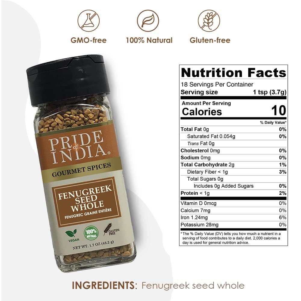 Pride Of India - Natural Fenugreek Seed Whole, 1.7 Oz (48 Gm) Dual Sifting Jar, Authentic Indian Whole Methi Seeds, Gluten & Gmo