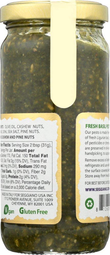 Seggiano Fresh Basil Pesto, Raw Genovese, 7 Oz - Pack of 6, Authentic Italian Flavor, Gluten-Free, Perfect for Pasta and Spreads