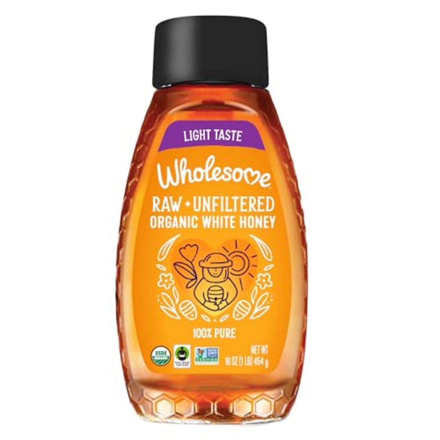 Wholesome Sweeteners 16-Ounce Organic Raw Unfiltered White Honey Bottle, 100% Pure, Fair Trade Certified, Non GMO Project Verifi