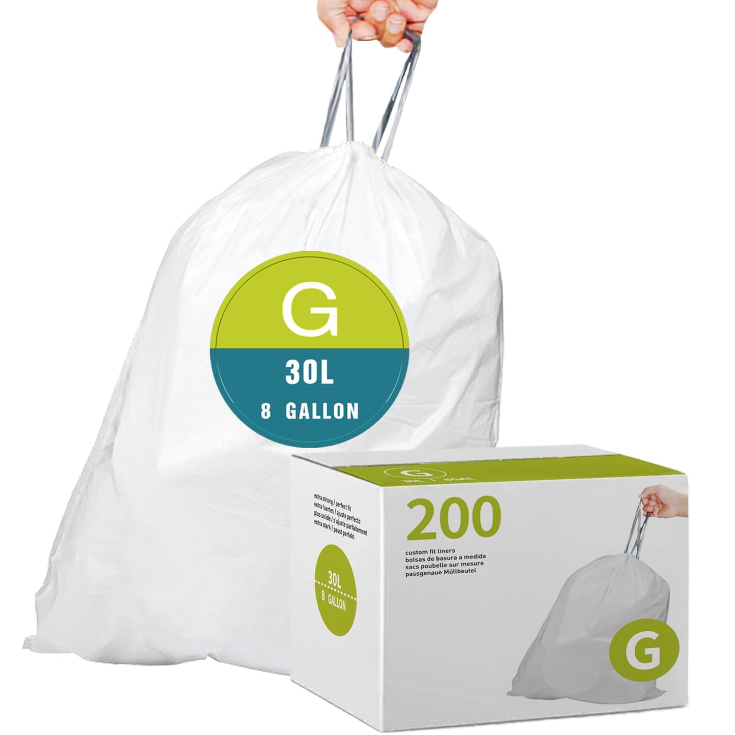 Code G (200 Count) 8 Gallon/30 Liter Heavy Duty Drawstring Plastic Trash Bags  1.2 Mil Reliable1St Compatible With Simplehuman C