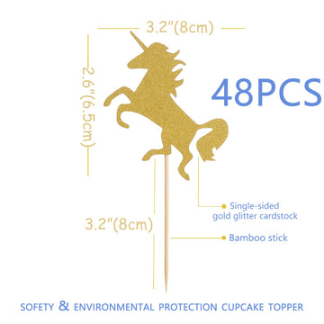 48 Pcs Gold Unicorn Cupcake Toppers - Horse Birthday Party Cupcake Topper, Baby Shower/Girls And Boy Unicorn Themed Birthday Par
