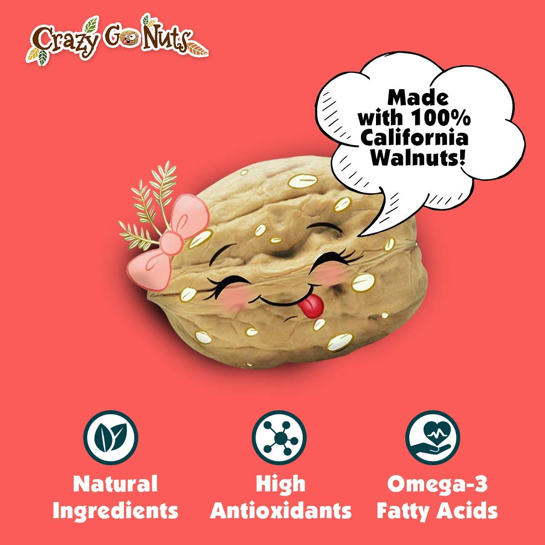 Crazy Go Nuts Walnuts - Oatmeal Cookie, 4.5 oz (3-Pack) - Healthy Snacks, Vegan, Gluten Free, Superfood - Natural, Non-GMO, ALA,