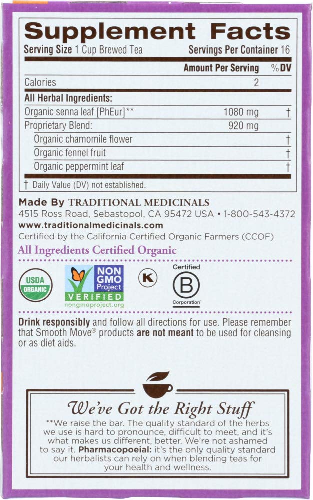 Traditional Medicinals Organic Smooth Move Senna Chamomile Herbal Tea, Relieves Occasional Constipation, (Pack Of 4) - 64 Tea Ba