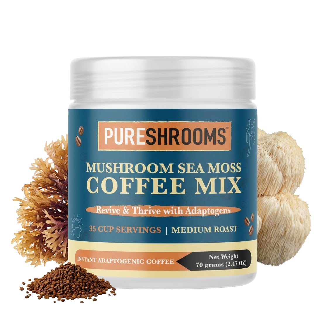 PureShrooms Sea Moss Instant Mushroom Coffee - Colombian Arabica Freeze-Dried with Lions Mane, Turkey Tail, L-Theanine - Low Aci