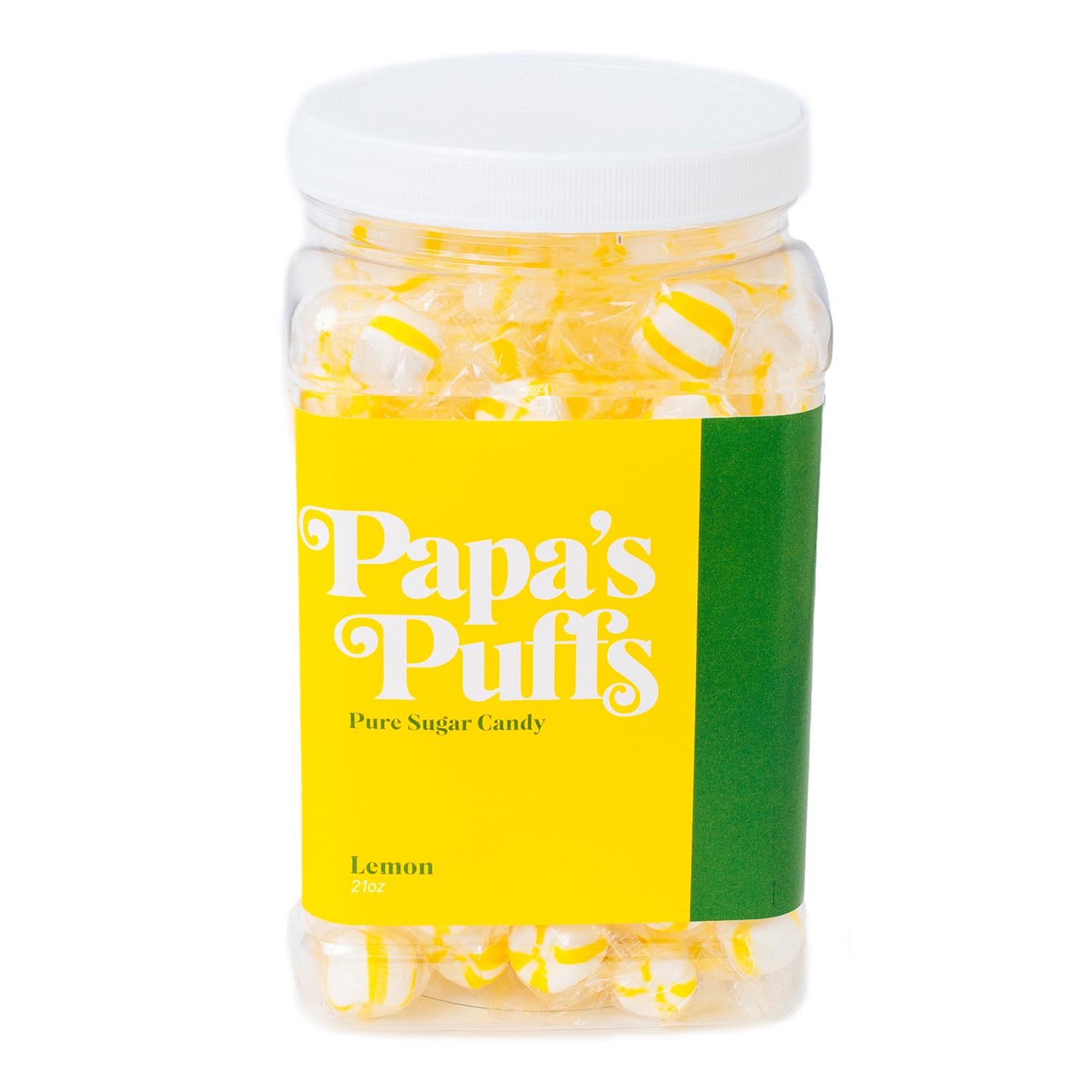 Papa'S Puffs Lemon Flavored Pure Sugar Candy - Individually Wrapped In Resealable Tub - Fat-Free, Gluten-Free, Cholesterol-Free