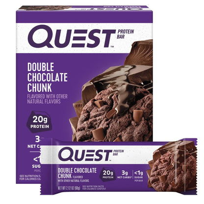 Quest Nutrition Double Chocolate Chunk Protein Bars, 20g Protein Bars, 1g Sugar, 4g Net Carb, Gluten Free, Keto Friendly, 4 Coun