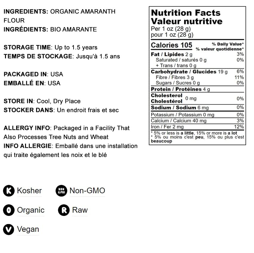 Food to Live Organic Amaranth Flour, 1 Pound - Non-GMO, Fine Meal, Whole Grain Flour, Stone-Ground, Kosher, Vegan, Bulk Powder.