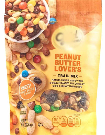 Peanut Butter Lovers Gold Trail Mix Bag: Peanuts, Raisins, Milk Chocolate Candies, Chocolate Chips, and Creamy Peanut Drops, Em
