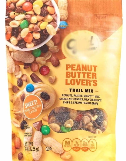 Peanut Butter Lovers Gold Trail Mix Bag: Peanuts, Raisins, Milk Chocolate Candies, Chocolate Chips, and Creamy Peanut Drops, Em
